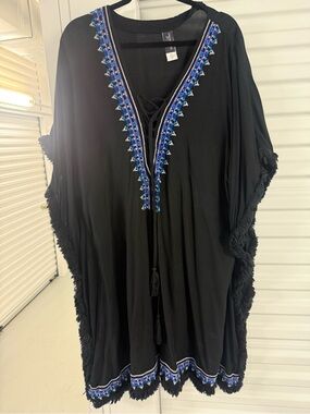 Swimsuits For All Black V-Neck Cover-Up with Blue Trim m/l